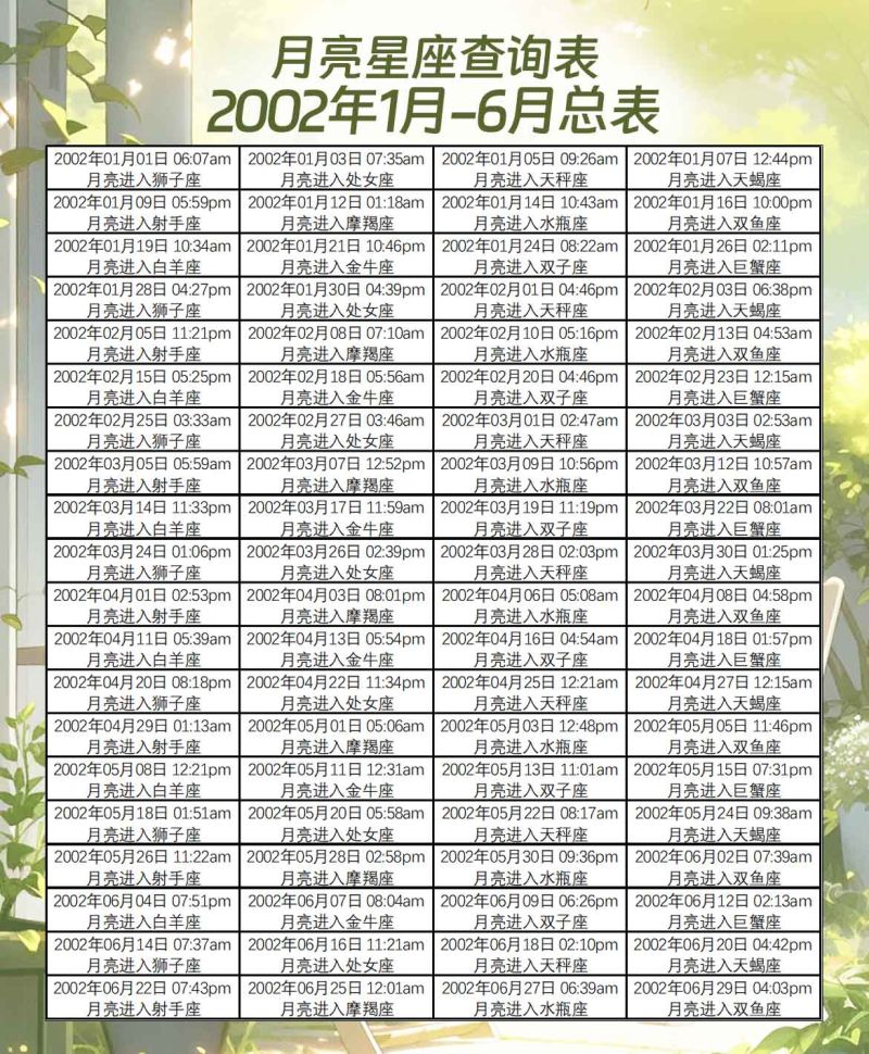 月亮星座查询表2002年1月-6月总表