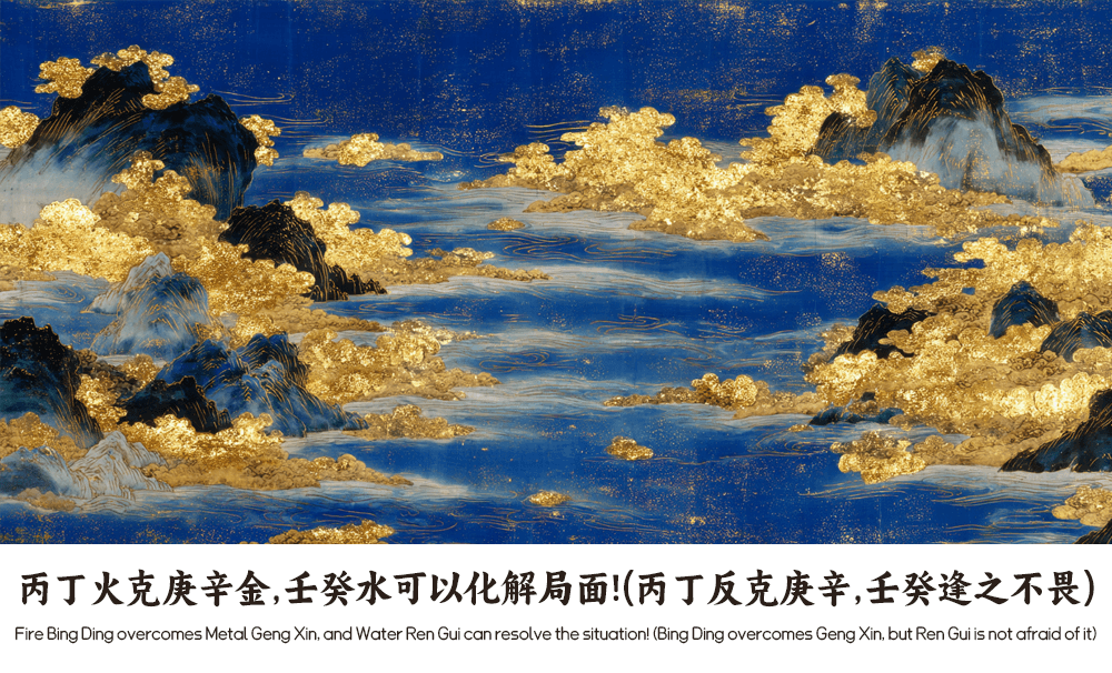 丙丁火克庚辛金，壬癸水可以化解局面！（丙丁反克庚辛，壬癸逢之不畏）