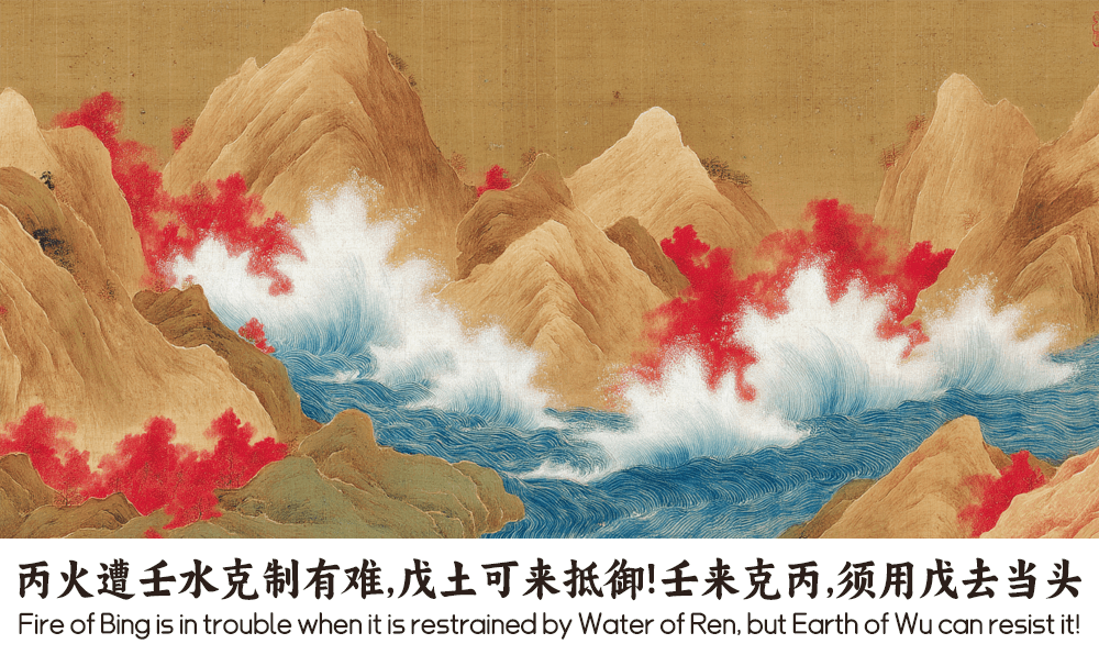 丙火遭壬水克制有难，戊土可来抵御！壬来克丙，须用戊去当头
