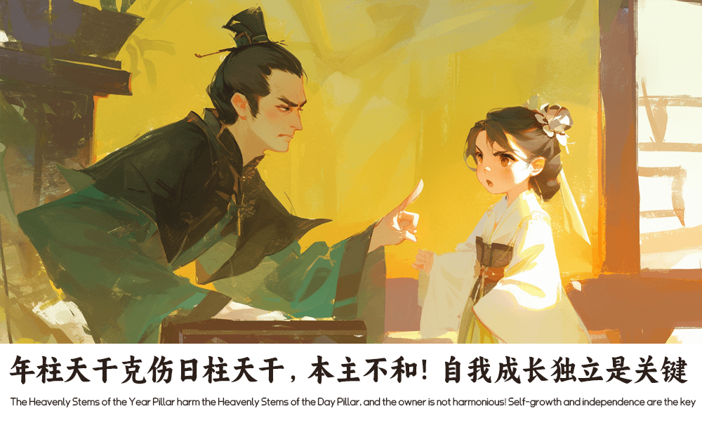 年柱天干克伤日柱天干，本主不和！自我成长独立是关键