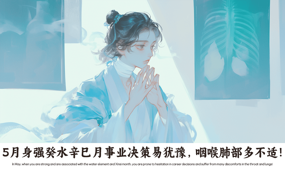 5月身强癸水辛巳月事业决策易犹豫，咽喉肺部多不适！