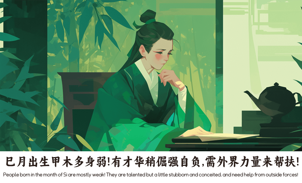 巳月出生甲木多身弱！有才华稍倔强自负，需外界力量来帮扶！