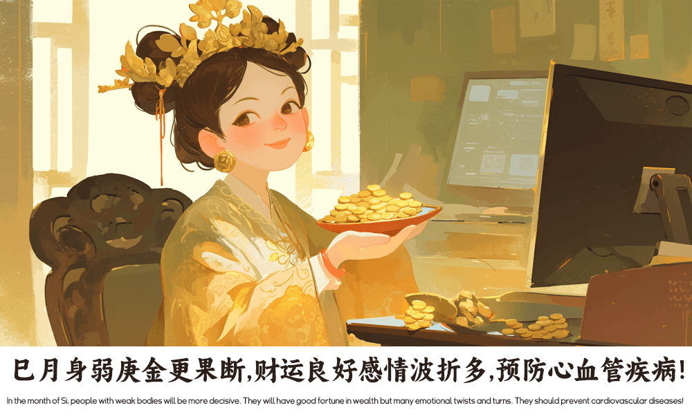巳月身弱庚金更果断，财运良好感情波折多，预防心血管疾病！