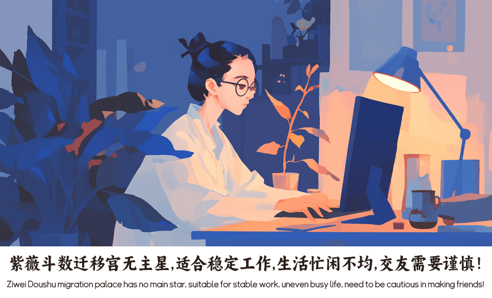 紫薇斗数迁移宫无主星，适合稳定工作，生活忙闲不均，交友需要谨慎！