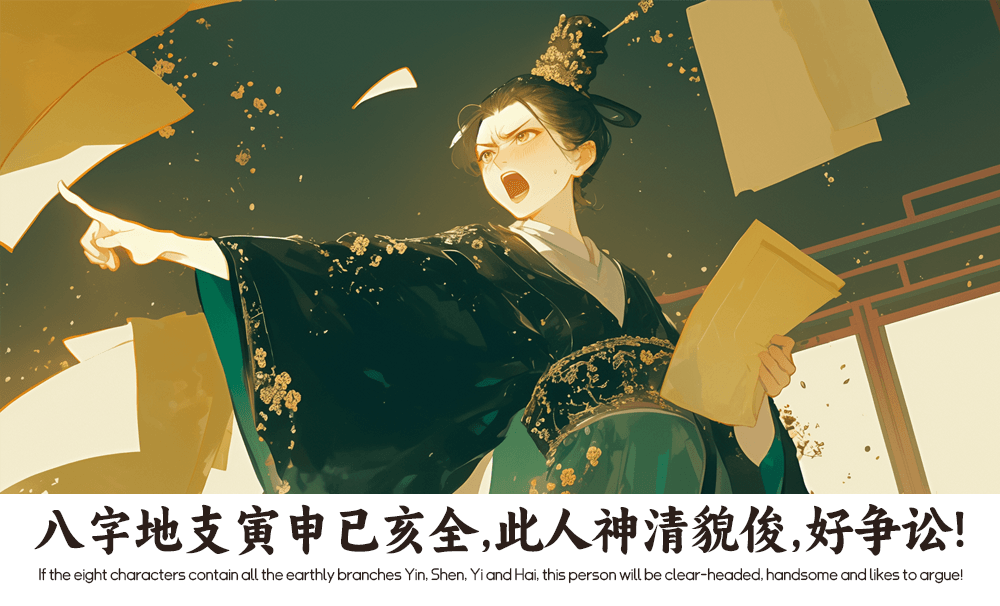 八字地支寅申已亥全，此人神清貌俊，好争讼！