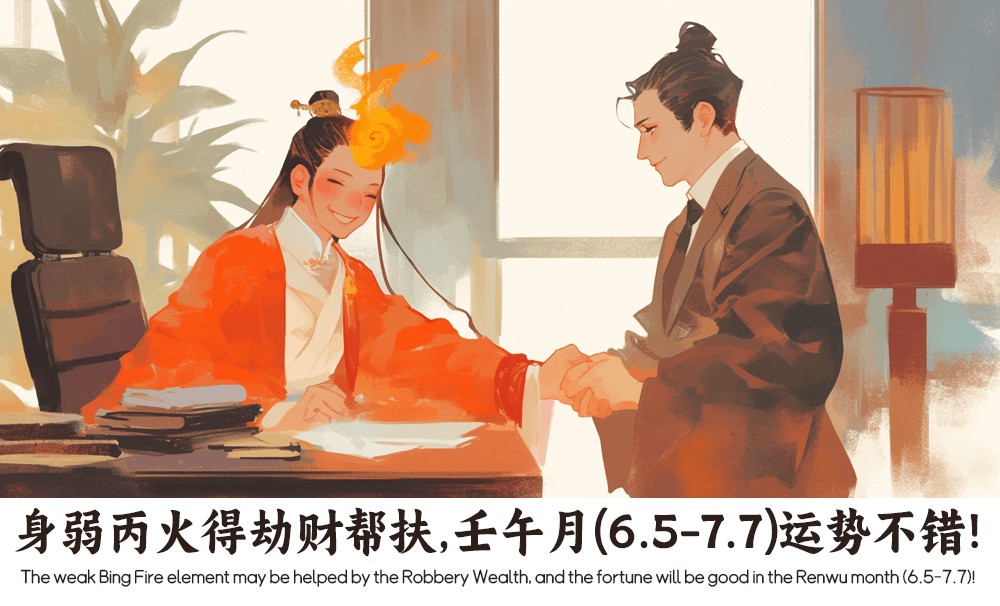 身弱丙火得劫财帮扶，壬午月（6.5-7.7）运势不错！