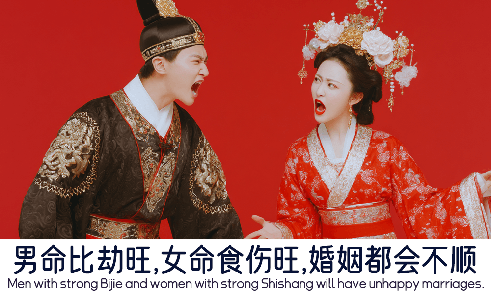 男命比劫旺，女命食伤旺，婚姻都会不顺