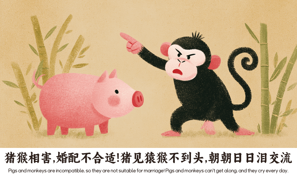 猪猴相害，婚配不合适！猪见猿猴不到头，朝朝日日泪交流