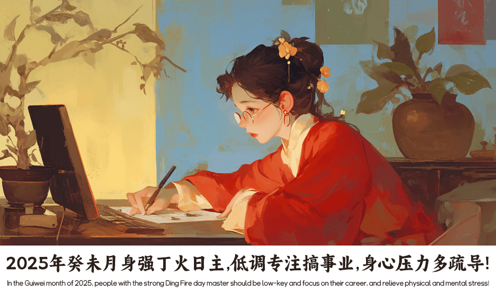 2025年癸未月身强丁火日主，低调专注搞事业，身心压力多疏导！