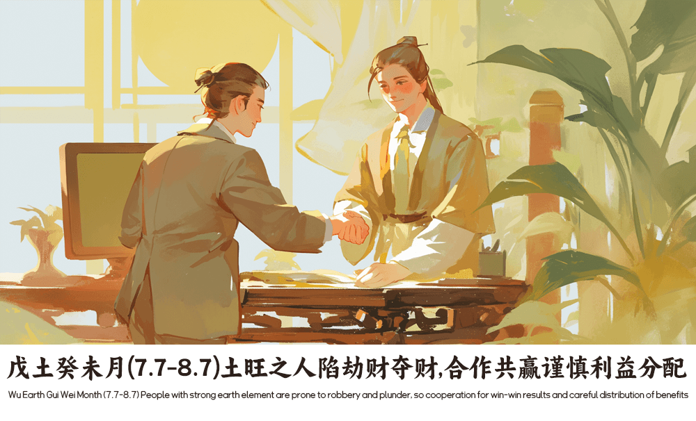 戊土癸未月（7.7-8.7）土旺之人陷劫财夺财，合作共赢谨慎利益分配