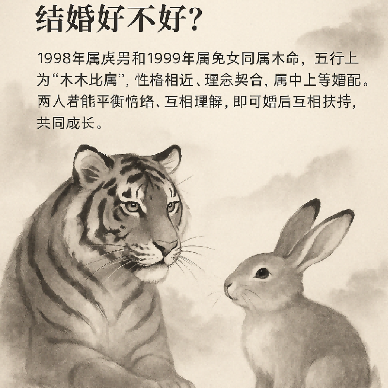 1998年属虎男和1999年属兔女结婚好不好
