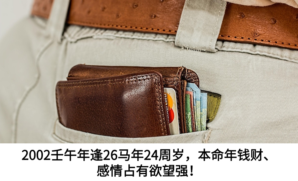 2002壬午年逢26马年24周岁，本命年钱财、感情占有欲望强！